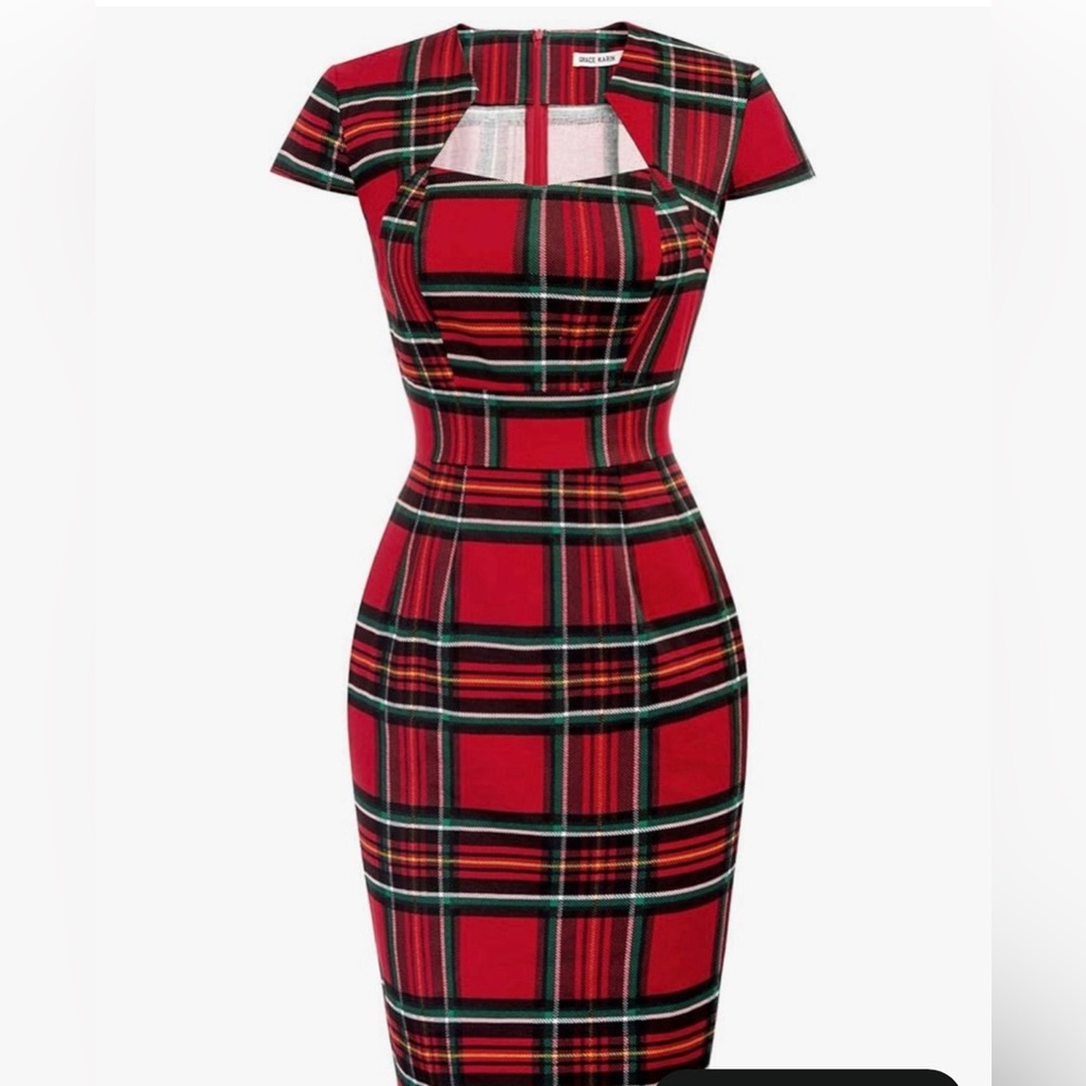 Grace Karin Red and Black Plaid Midi Dress